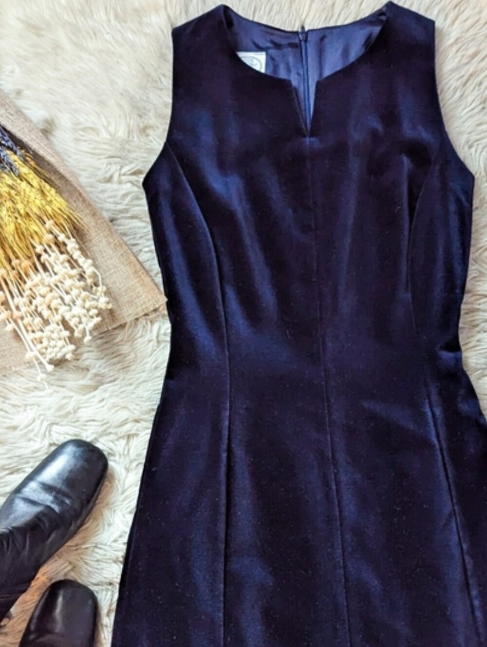 EUC Vintage Laura Ashley Fit and Flare Velvet Sleeveless Dress in Deep Navy Blue